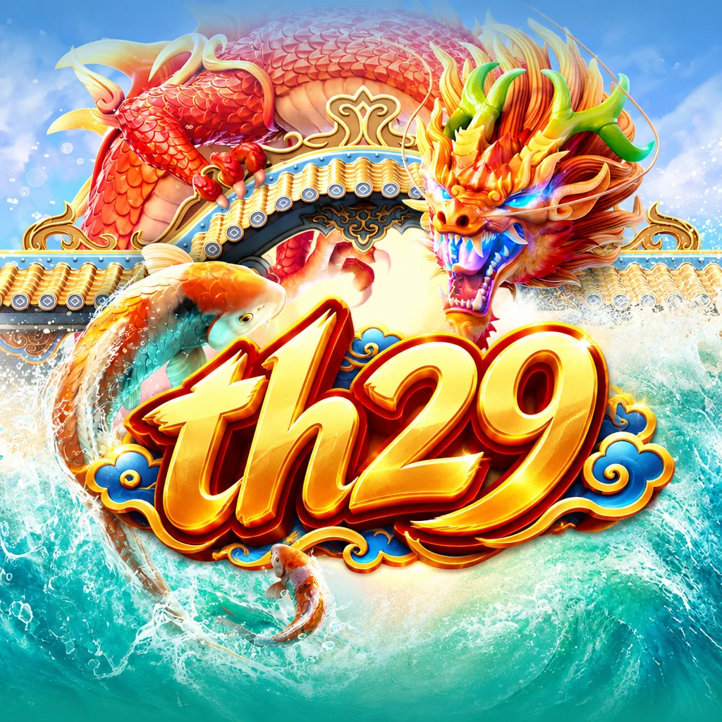โลโก้ th29 บนภาพธีมเกม Dragon Legend พร้อมมังกรจีนและปลาคาร์ฟสีทอง