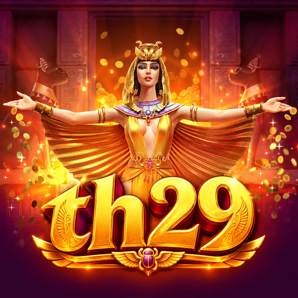 โลโก้ th29 บนภาพธีมเกม Sct Cleopatra พร้อมราชินีคลีโอพัตราสีทองและวิหารอียิปต์